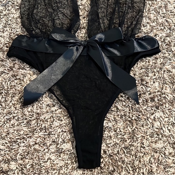 Black Mesh Satin Halter Tie Teddy - Picture 5 of 11